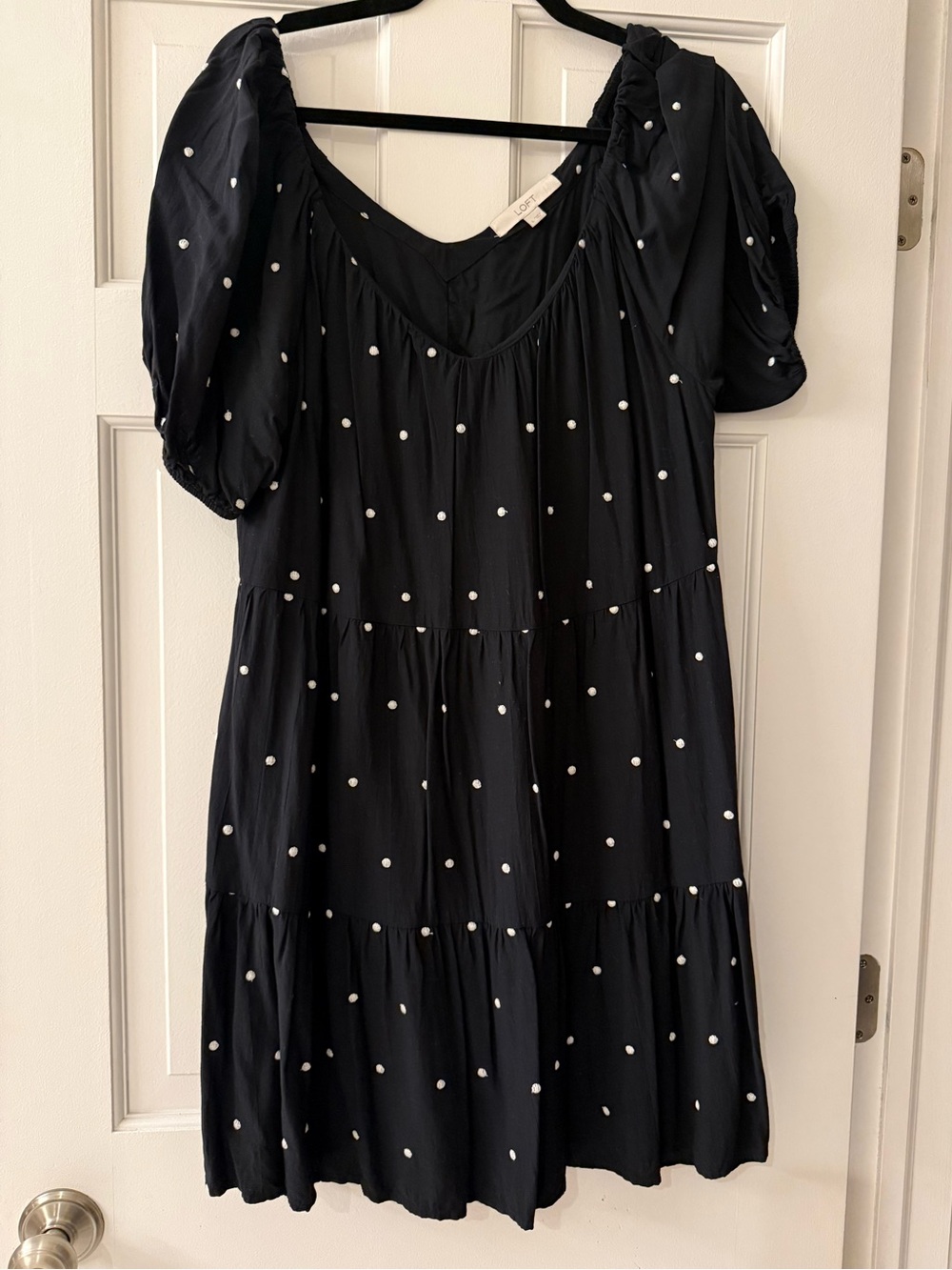LOFT Black White Embroidered Polka Dot Tiered Swing Dress Size L